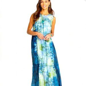 M 100% Silk Shirred Flowy Watercolor Dress/Gown Johnny Was Pete & Greta Gimova